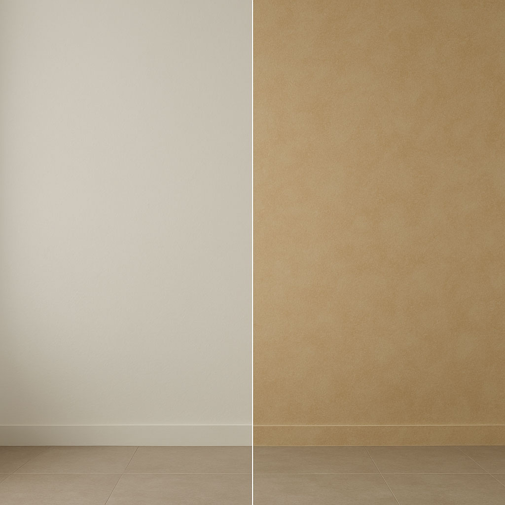 مقایسه دیوار ساده و دیوار پتینه‌شده پس از اجرای حرفه‌ای