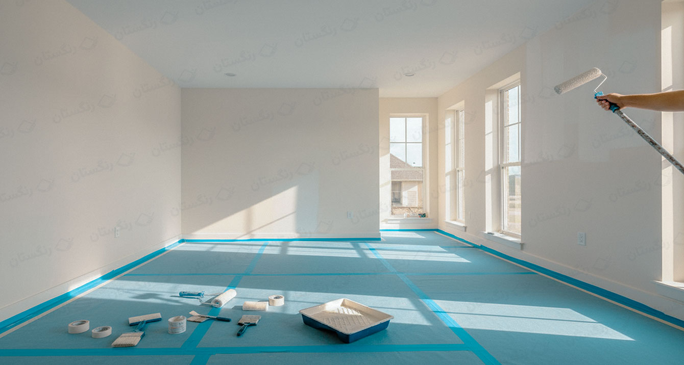 رنگ‌آمیزی دیوارهای داخلی خانه با غلطک؛ آماده‌سازی اصولی کف و ابزار کار تیم رنگستان